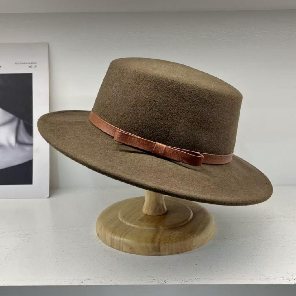 European, American and British Fashion Autumn and Winter Hats Women's Versatile Australian Wool Leather Top Hat French Wide Edge Belt Flat Top Hat