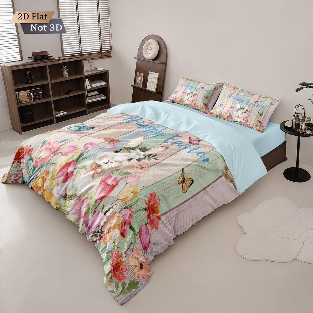 3-teiliges Niedliches Cartoon-Osterhase Blume Osterei Bedrucktes Steppdecken-Set Mehrere Größen Bettwäsche Dekoration Weich Maschinenwaschbar