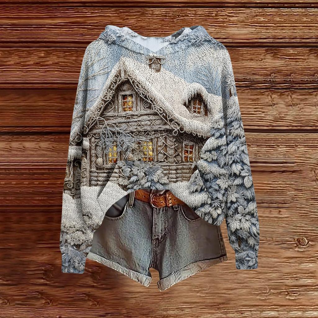 Ladies' Fashionable Printing Casual Hooded Long Sleeved Sweatshirt
