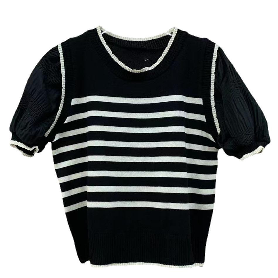 Summer Simple Fashion Round Neck Chiffon Splicing Fake Two Pieces Short-sleeved Tops Female Casual Essential Comfort Style Slim Fit Pullovers Tees