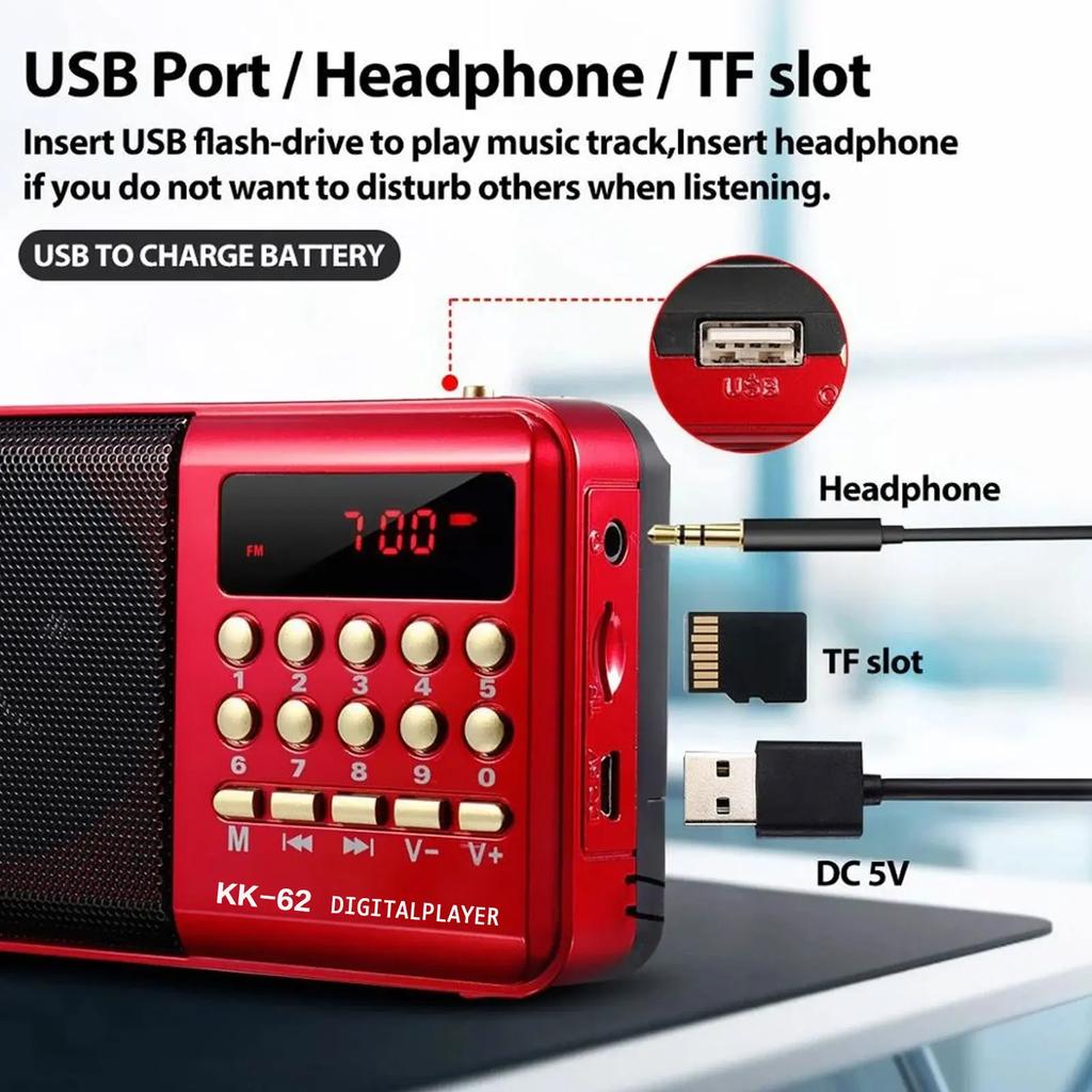 Portable Rechargeable Auto FM Radio Player Mini Multi-function Radio with Plug-in Card Slot
