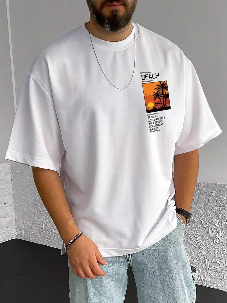 Men's 100% Pure Cotton Summer Loose Coconut Tree Print Casual Sports Round Neck Short Sleeved Holiday Street T-shirt