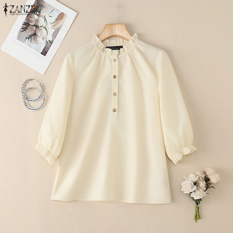 ZANZEA Women Casual Round Neck Solid Color 3/4 Sleeve Loose Blouse
