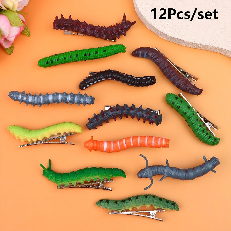 6/12Pcs Simulation Spooky Caterpillars Hair Clip Funny Creative 3D Crawl Insect Duckbill Clip Hairpin Prank Party Hair Accessory