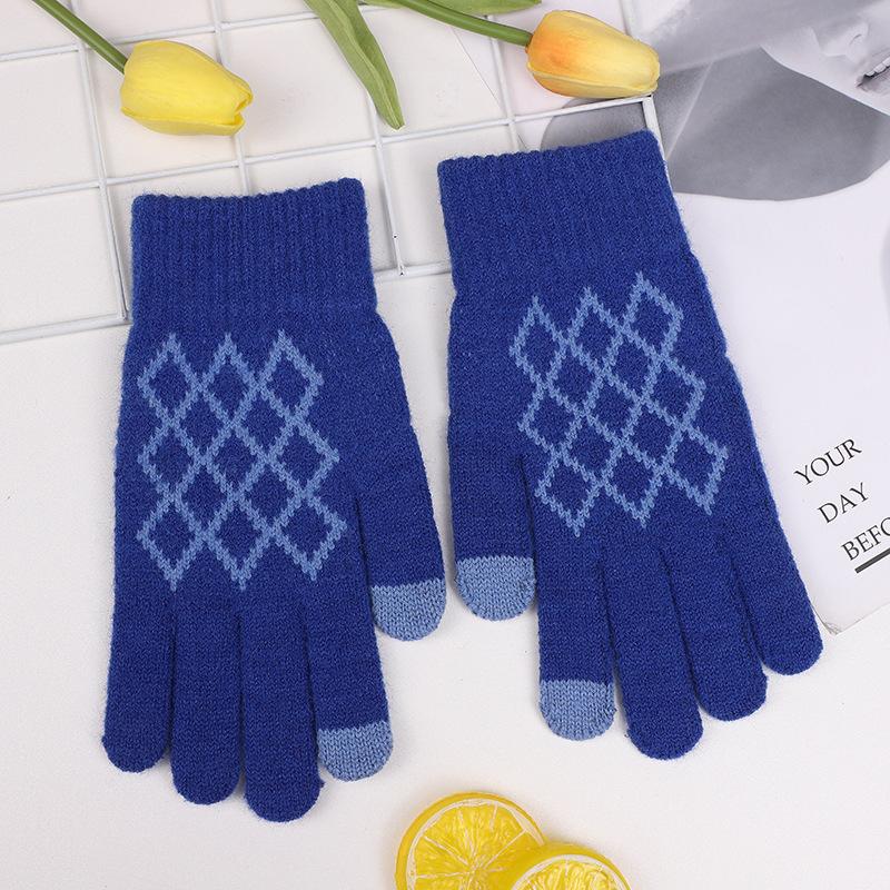 Invierno Pantalla Táctil Rombos Jacquard Cepillado Espesado Cinco Dedos Lana Guantes de Punto Lana Espesada Alpaca Guantes