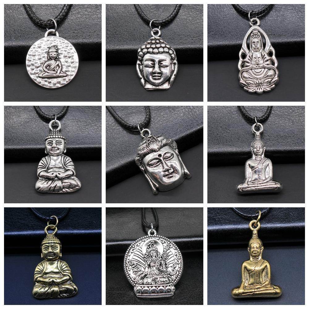 17 stilar Buddha-staty Hänge Halsband Svart Läderkedja Halsband Fabrikspris Handgjorda Smycken