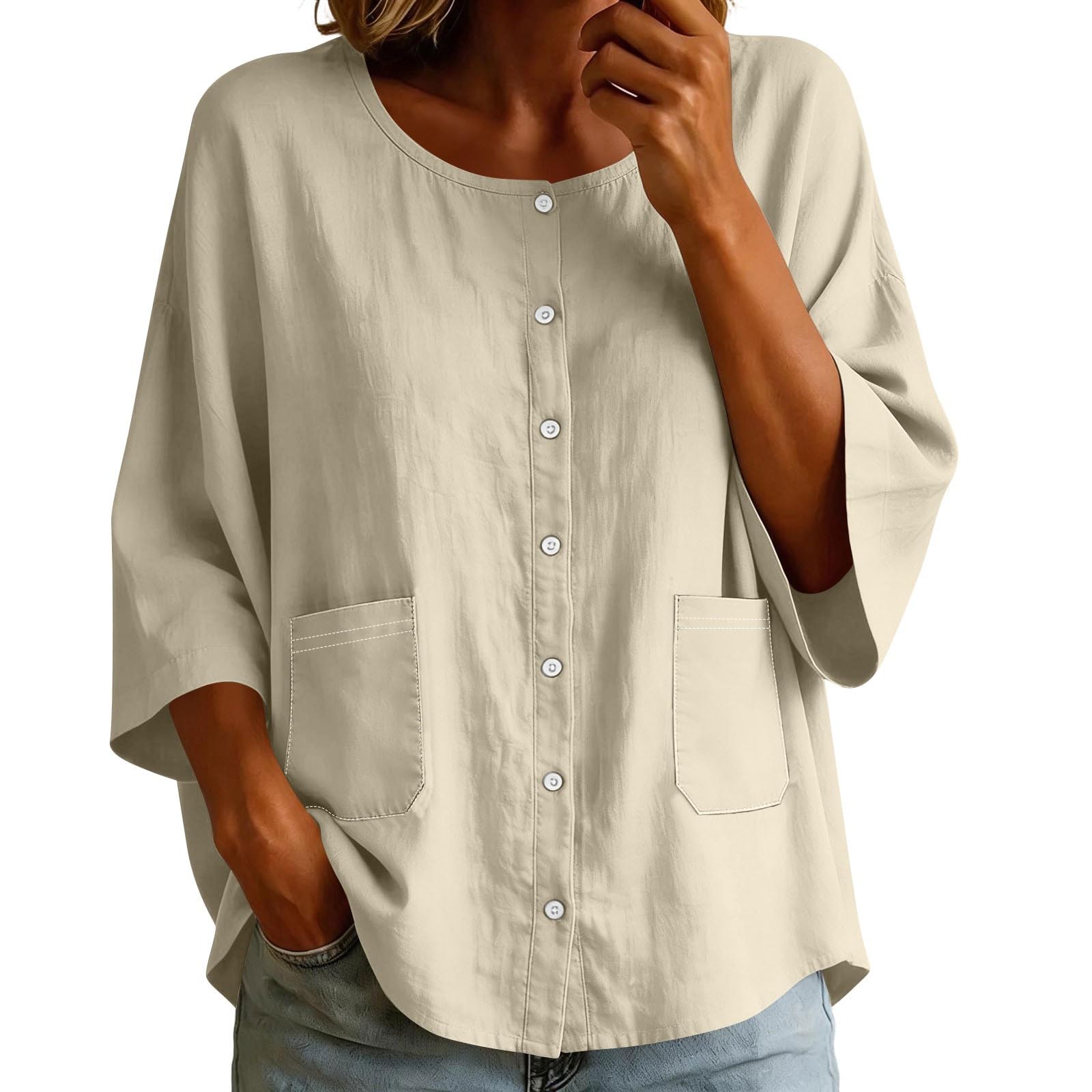 

Women s Round Neck Button Front Shirt Cotton Solid Color Casual Loose Fit Shirt with Pockets Lightweight Comfortable Top XXL бежевый