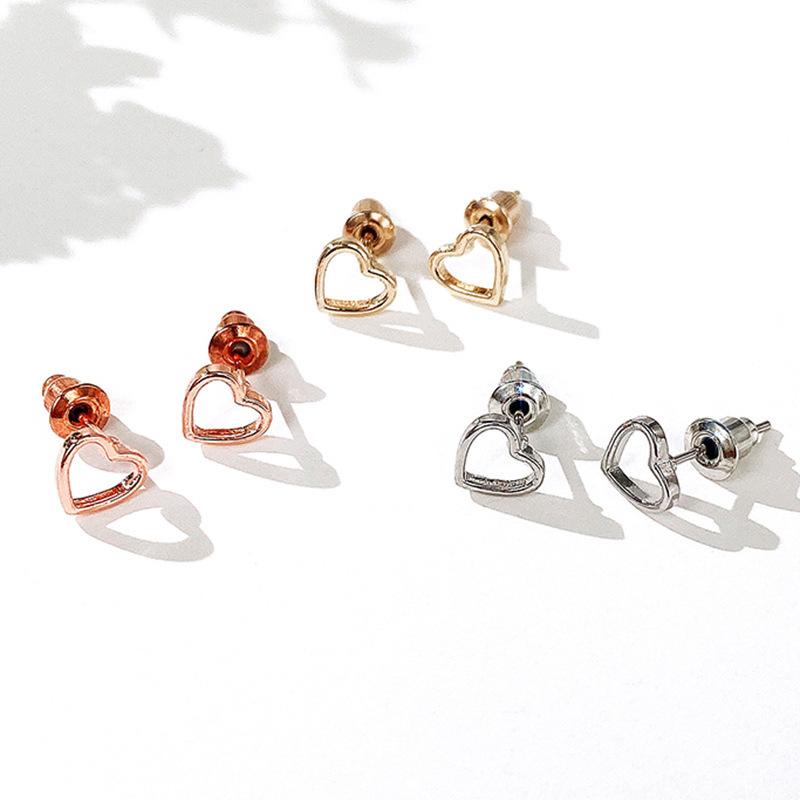 Silver Plated Open Heart Stud Earrings, Minimalist Hollow Love Shape Studs for Women