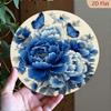Vintage Butterfly Floral Metal Wall Art Round Tin Sign Beige Navy Blue Aluminum Decor For Living Room