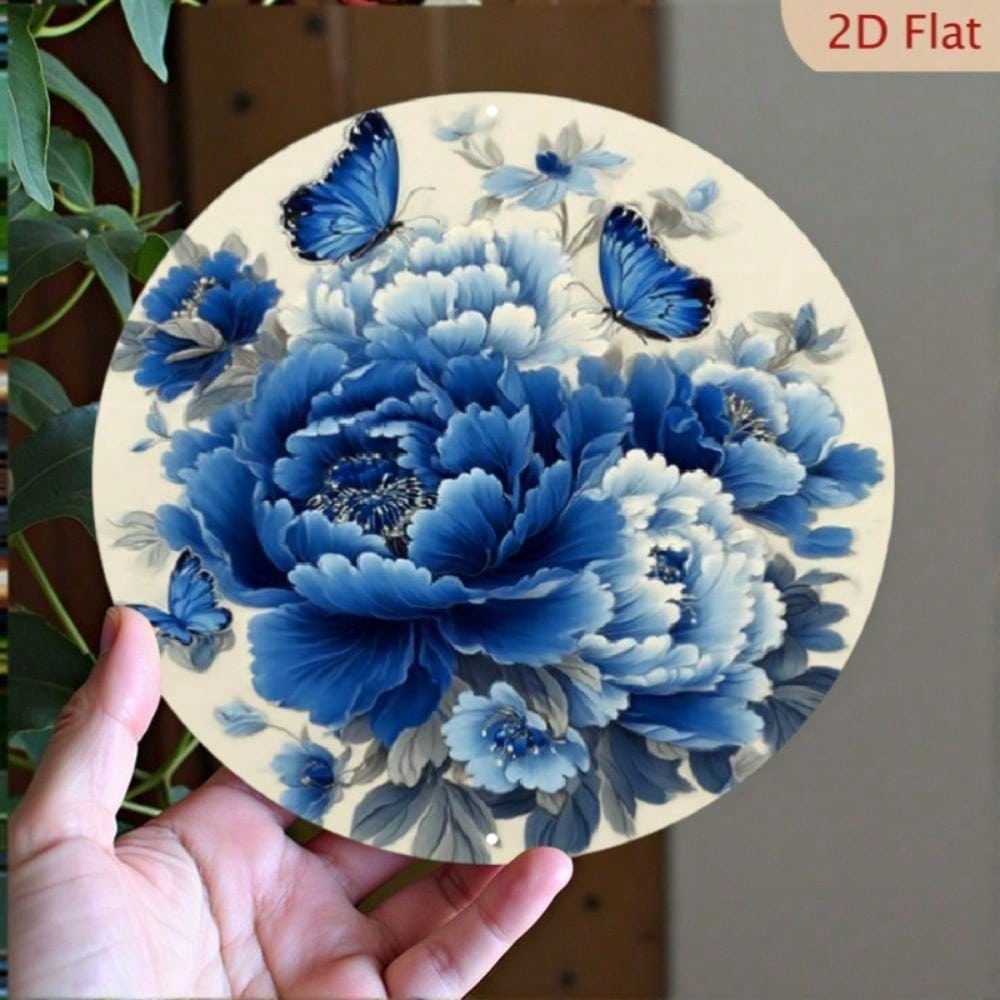 Vintage Butterfly Floral Metal Wall Art Round Tin Sign Beige Navy Blue Aluminum Decor For Living Room