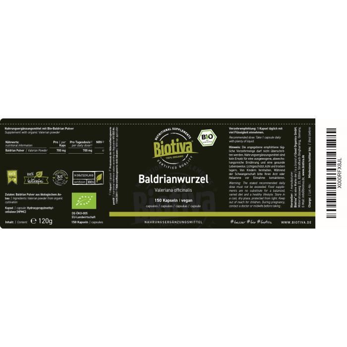 Valériane gélules bio (150 pièces) - valériane moulue - 700mg par gélule - embouteillée et contrôlée en allemagne - végétale