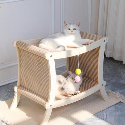 Rattan Minderli, Sisal Tırmalama Direkli ve Masif Ahşap Çerçeveli İki Katlı Kedi Yatağı