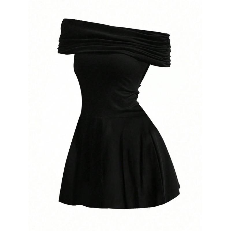 Women Sexy Off Shoulder High Waist Solid Short Pleated A Line Casual Dress