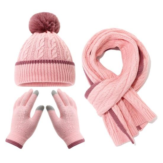 

3Pcs/Set Kids Hat Scarf Gloves Set Solid Color Twist Texture Plush Ball Decor Hat Long Scarf Gloves Set Elastic Winter Accessories розовый