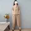 Middle Aged Summer Cotton Linen Casual Suit Mom Loose Cropped Pants Short Sleeved Shirt Slimming Pants Two-piece Set