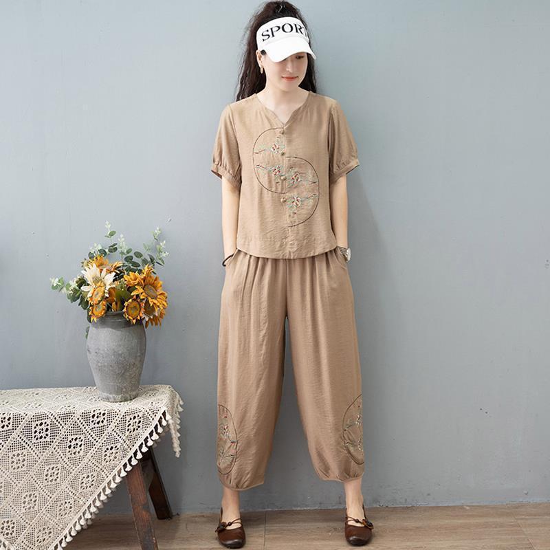 Middle Aged Summer Cotton Linen Casual Suit Mom Loose Cropped Pants Short Sleeved Shirt Slimming Pants Two-piece Set