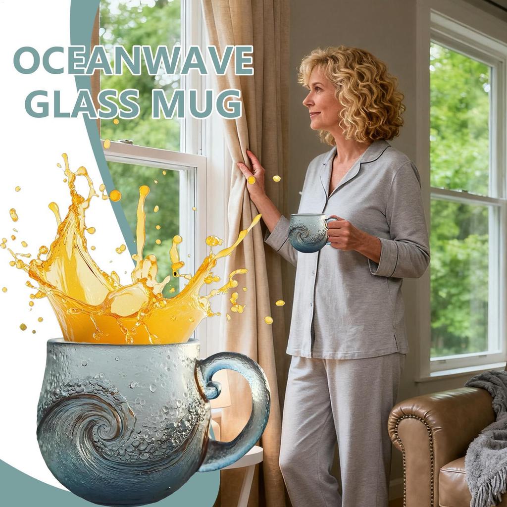 300ml Glass Mug Wave Design Water Bottle with Handle Clear Coffee Mug for Kids Beach House Office Women Men Adults Home