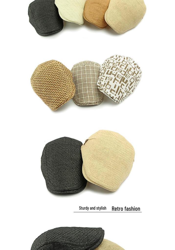 Men's Straw Hat Beret: Spring/Summer Sun Protection, Retro Duckbill Newsboy Cap.