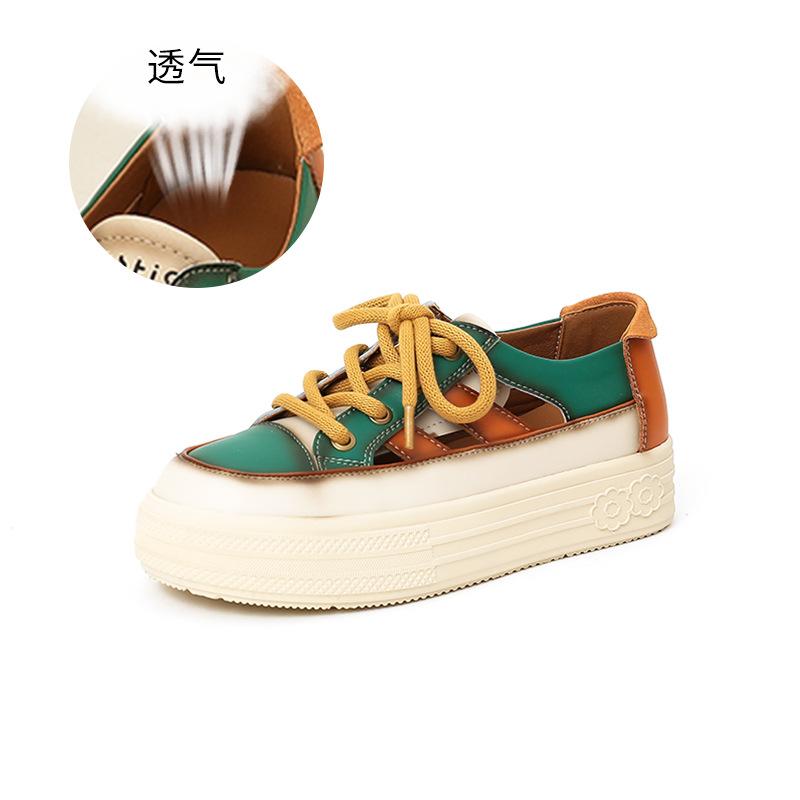 Leather sandals women's 2025 summer new retro color matching beach sandals platform-soled bag head hollow women's sandals tide