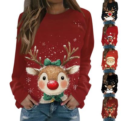 Women's Casual Fashion Christmas Print Long Sleeve O Neck Pullover Top Blouse Sweatshirt