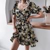Women's Floral Chic Summer Short Dress A Line Square Collar Lantern Sleeve Ruffle