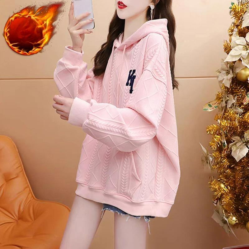 Hooded Sweater Ladies's Small Plus Velvet Thickening Fall and Winter Large Size Letter Embroidery Mid-length Jacquard Sweater Ladies
