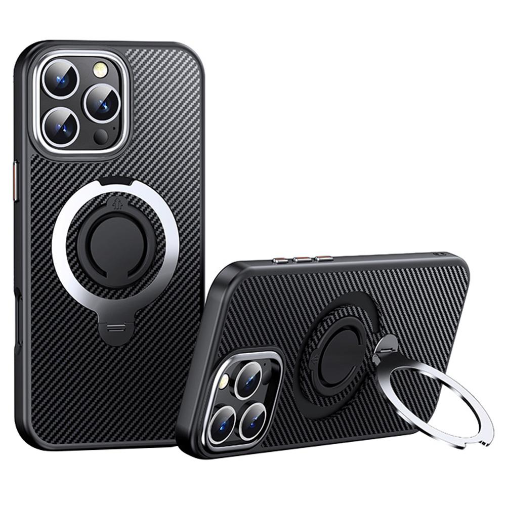 For iPhone 16 Pro Case Compatible with MagSafe Kickstand Carbon Fiber Texture PC+TPU Phone Cover with Silicone Ring