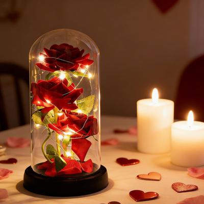 Konzervovaná růže ve skleněné kopuli s LED světlem Umělá červená růže Dekorace Valentýn Den matek
