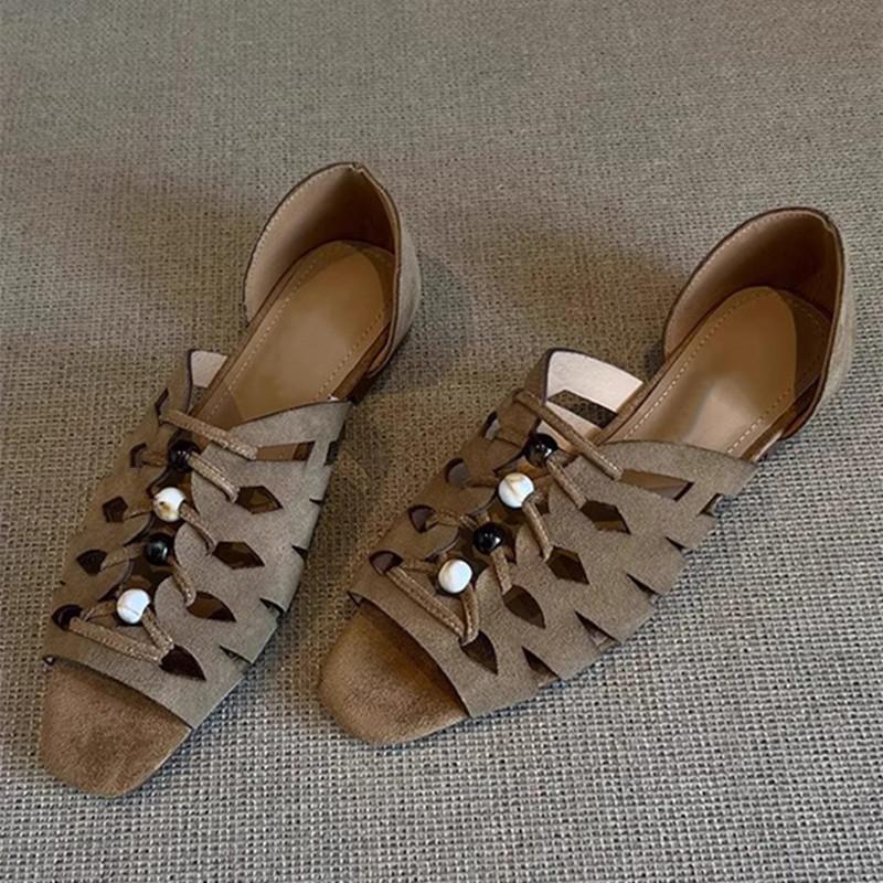 Fashion Fashion String Bead Decorative Hollow Out Flat Sandals Women Faux Suede Designer Shoes for Women Summer Casual Gladiator Sandals