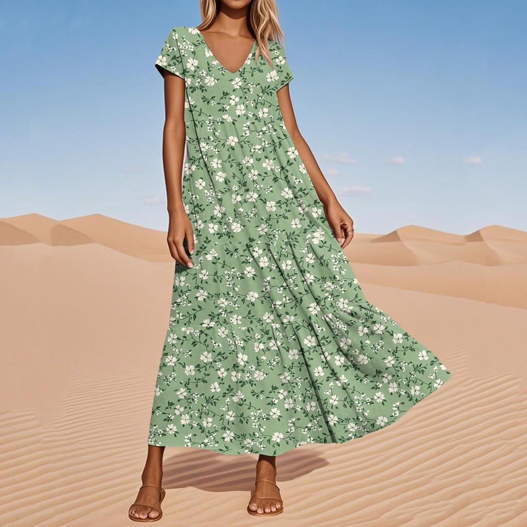 Women's Summer Fashion V-Neck Beach Long Short Sleeve Floral Printed Dresses