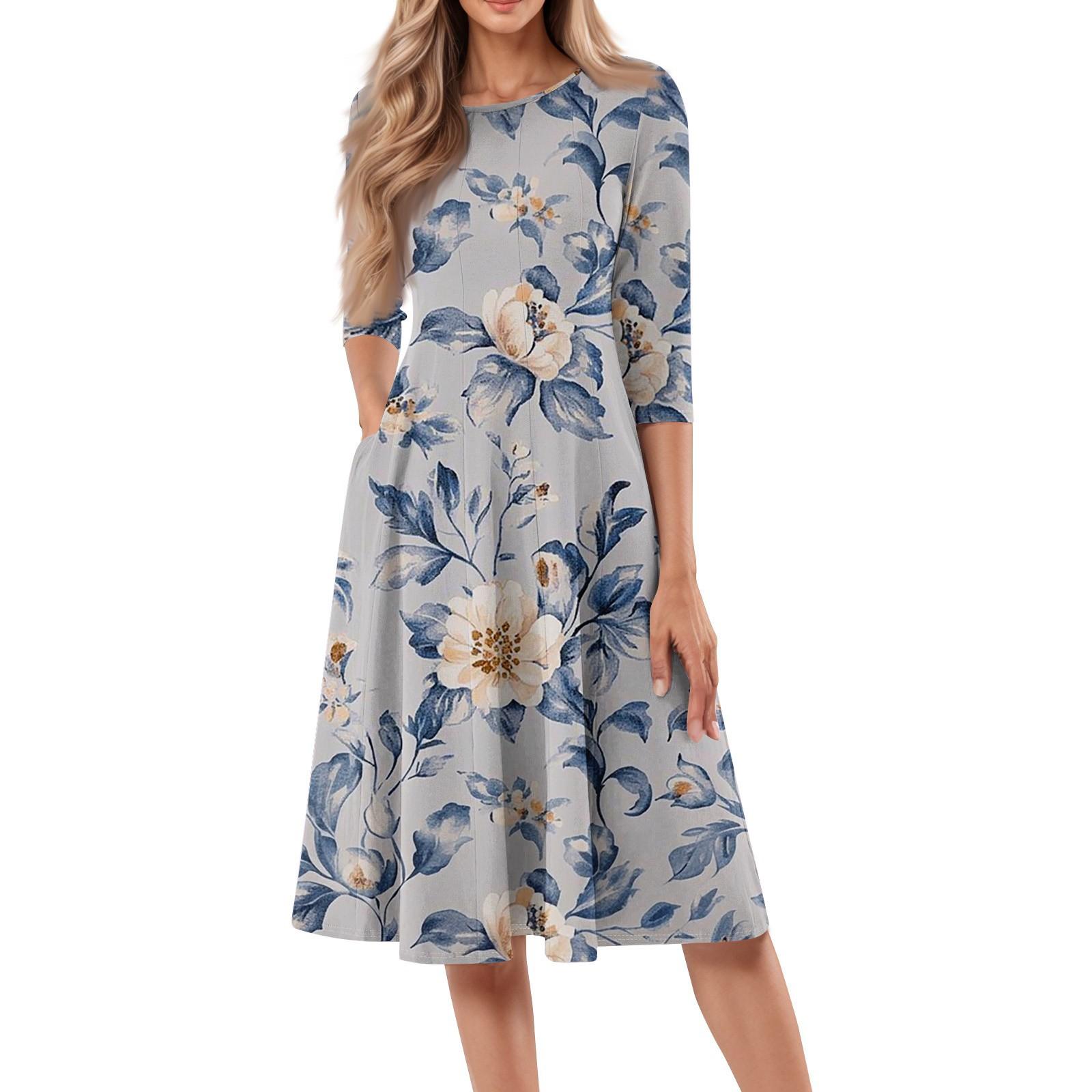 

Женское повседневное модное платье миди с круглым вырезом и рукавом три четверти с цветочным принтом XXL синий