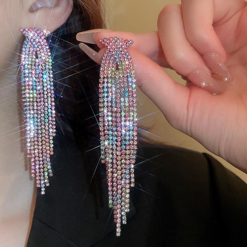Elegant Rhinestone Tassel Sterling Silver Earrings - Colorful, Individual, Luxurious, High-End Design for Women