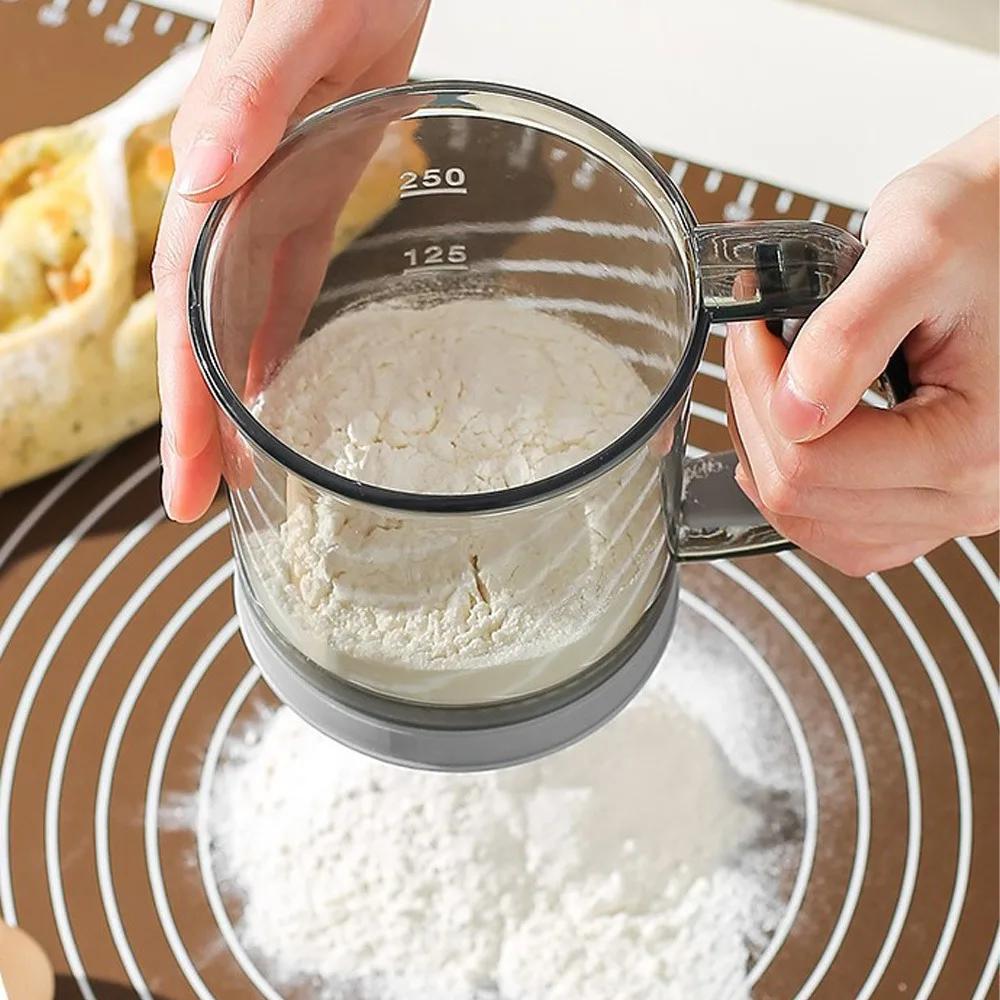 Doppelschichtiger Mehl-Sieb mit Griff zum Backen, Puderzucker-Streuer, Messbecher, Küchen-Backwerkzeug