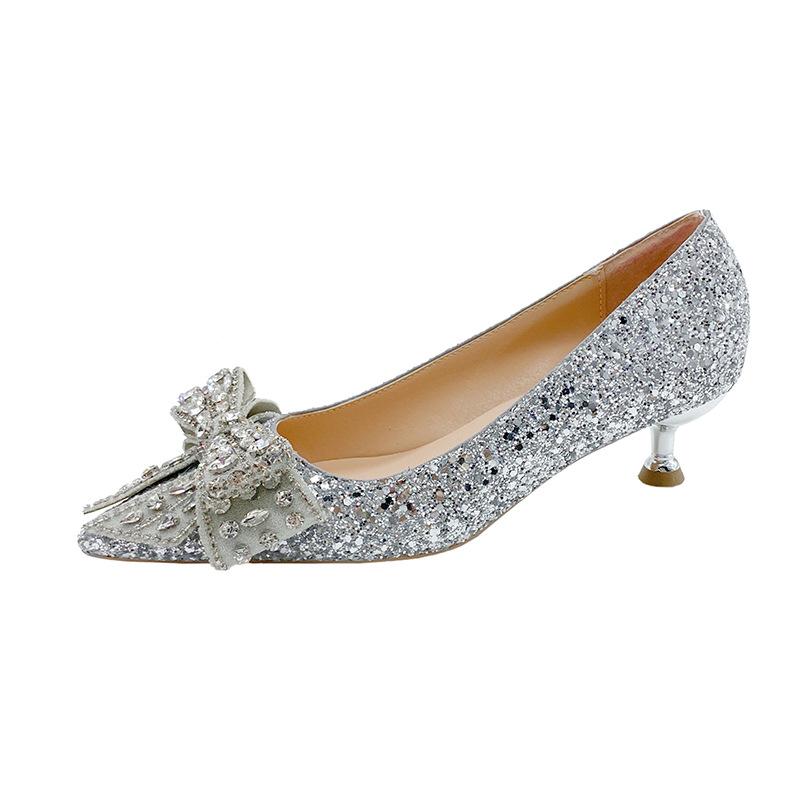 Neue High Heels Damen dünne Absätze Strass Schmetterling Brautjungfer Kristallschuhe Hochzeit Brautschuhe Französische Einzelne Schuhe