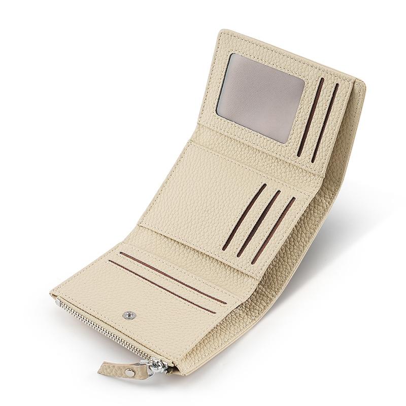 Leather Japanese Wallet Women's Three-fold Credit Card Bag Folding Card Clip Cowhide Lychee Pattern Zipper Change Bag Women