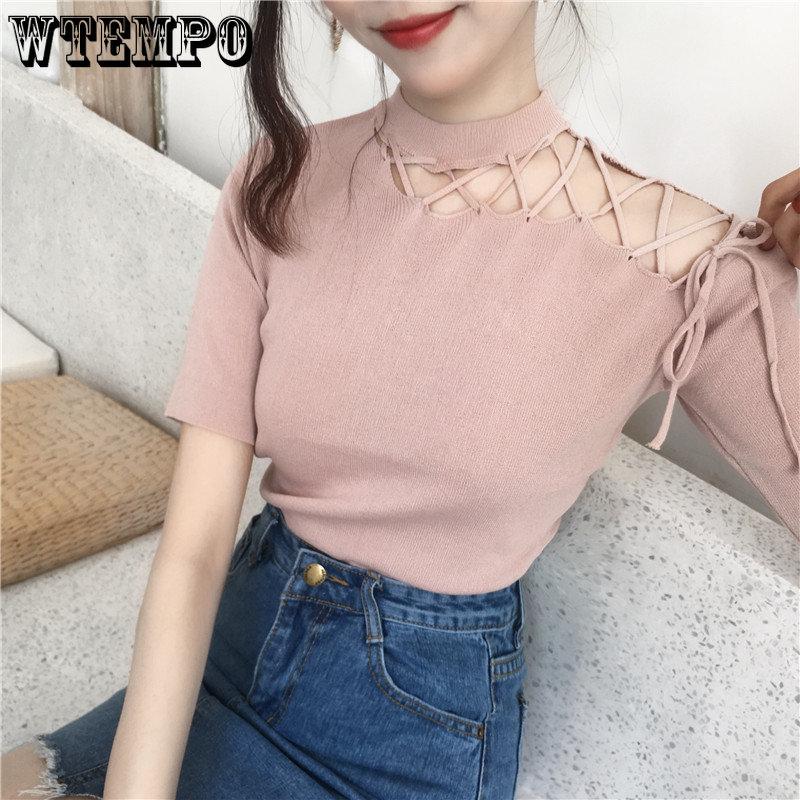 WTEMPO Koreanisch Chic Ausgeschnitten Schräge Schulter Kurzarm T-Shirts Damen Sommer Einfarbig Slim Fit Stricktops