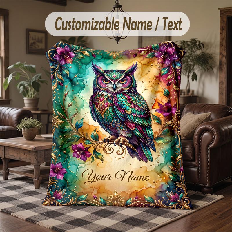 Ethereal Owl Dreamscape Theme Throw Blanket Custom Name Text Personalized Blanket Soft Cozy Blanket for Home Sofa Bed