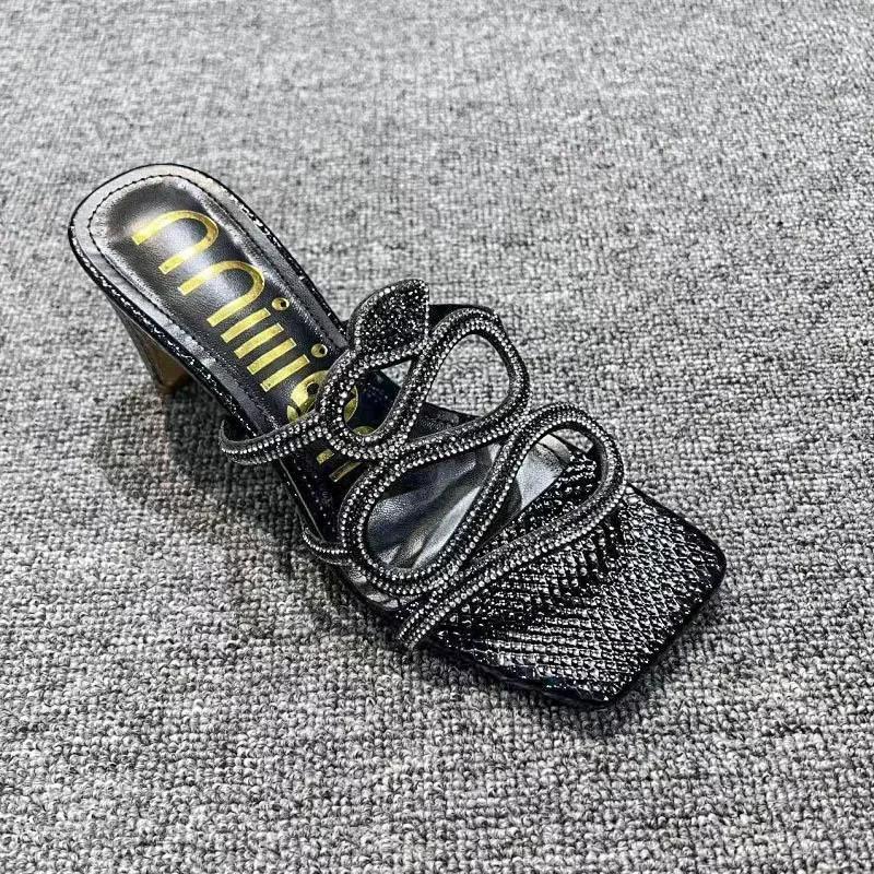 Fashion Rhinestone Slippers Summer  Hollow Out Square Heels Sandals Sexy Christmas Party Shoes Plus Size Square Toe Women's Shoes