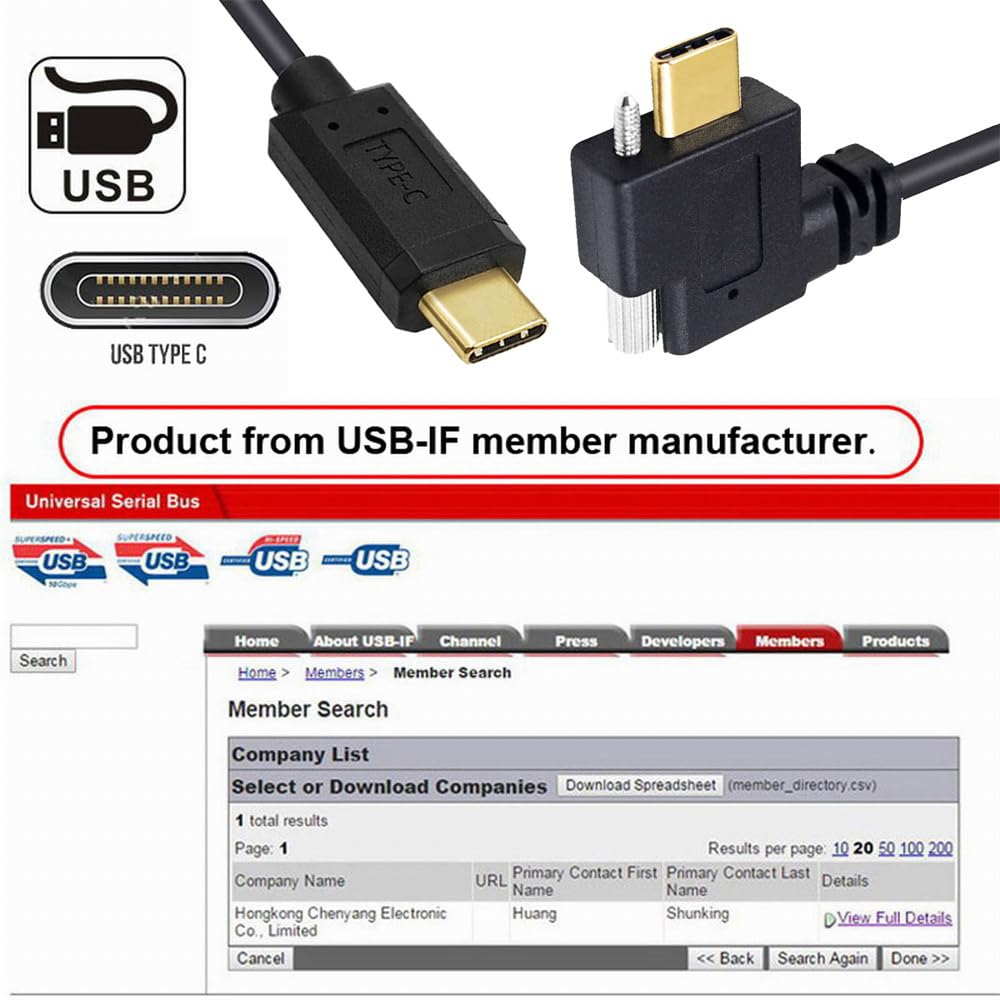 Xiwai USB Extension Male To Panel Mount with Single Thumb Screw 90 Degree 10Gbps Data Cord for Monitors and Hard 3.1 Cable, Type-C USB-C Lock,