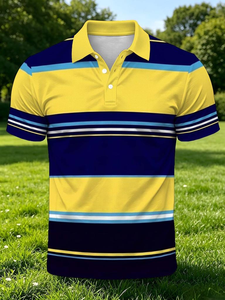Men's Outdoor Short-Sleeve Polo Shirt with Printed Design (Not Textured), Available in Multiple Sizes. Men's Lapel Polo with Striped Print. Men's Top