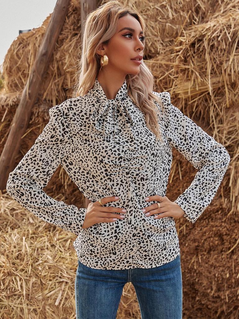 Chic Leopard Print Ruffle Collar Button-Up Women's Shirt - European & American INS Spring/Summer Fashion