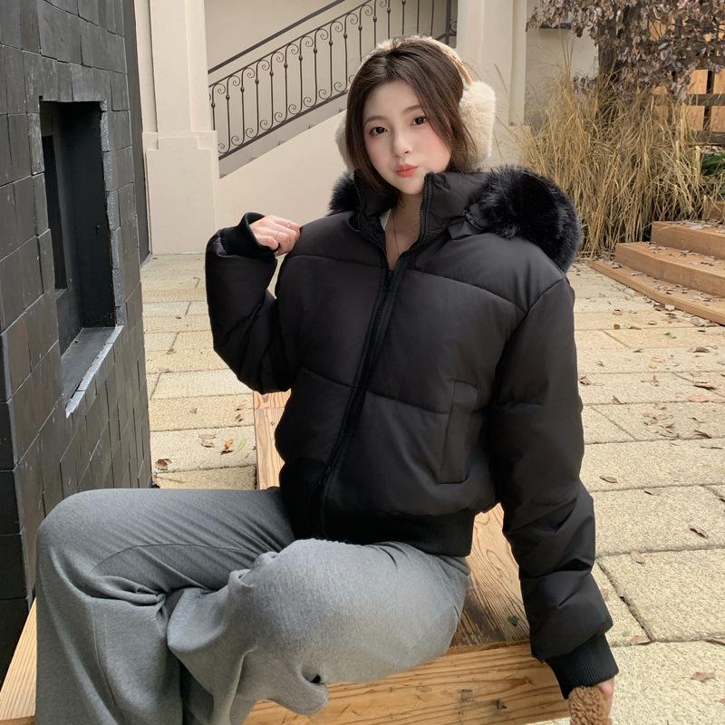 

Темно-синяя хлопковая куртка с капюшоном и меховым воротником, женская зимняя новая утолщенная короткая куртка-хлеб. XL