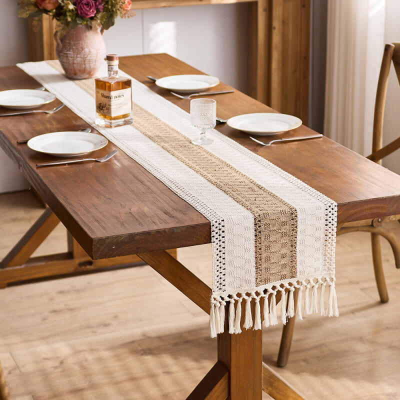 Scandinavian Style Linen Table Runner - Color Block Fringe Decor for Coffee Tables & TV Consoles