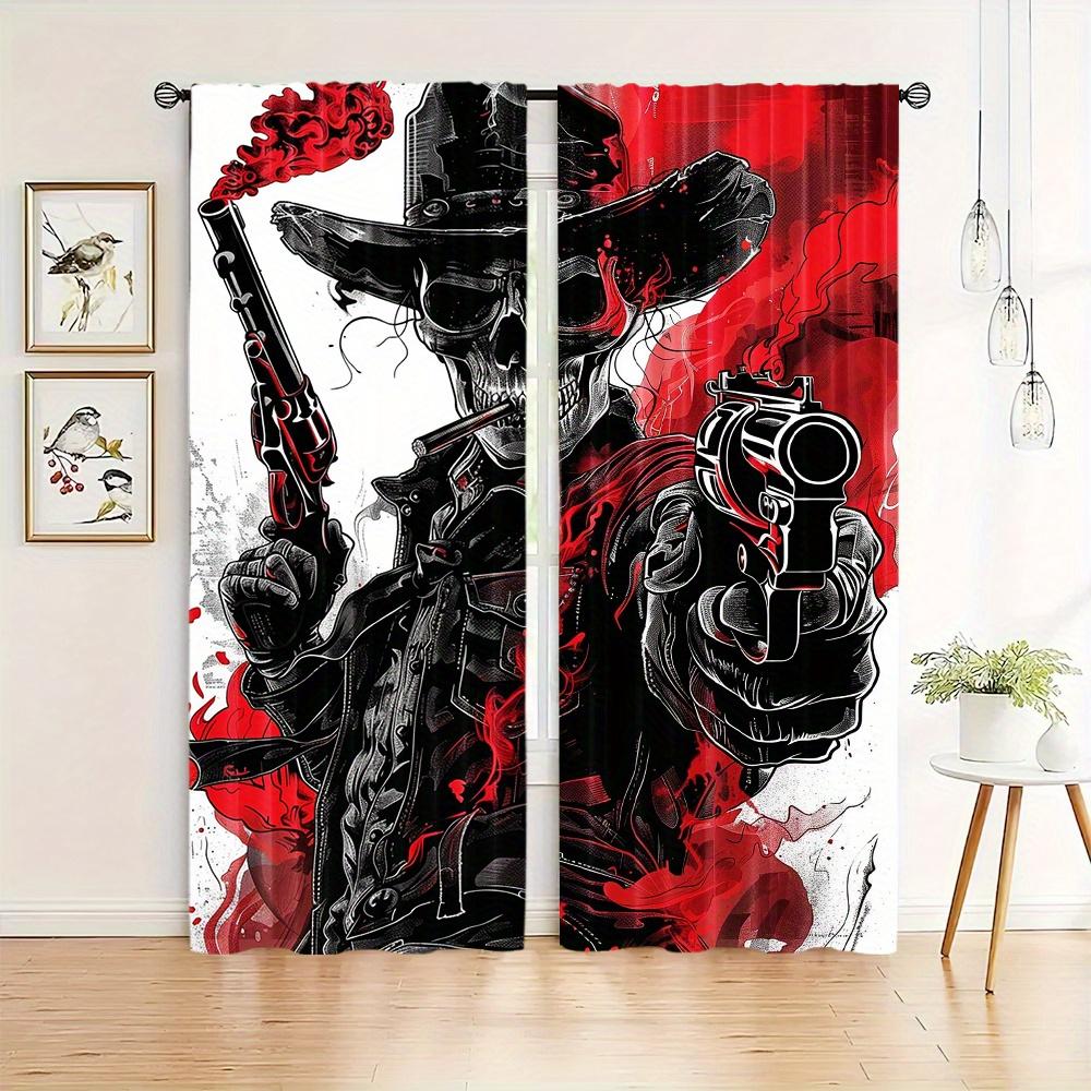 2pcs Halloween Red Rose Gothic Skeleton Rod Pocket Curtain For Living Room Bedroom Office Child Room Decor Study Coffee Shop
