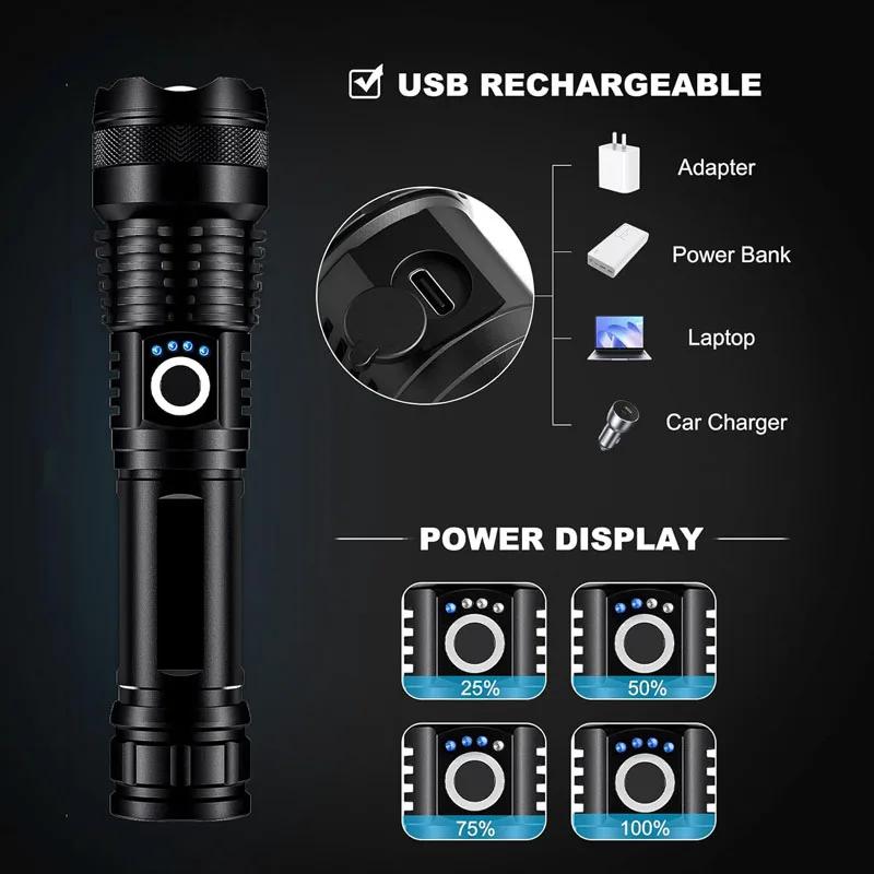P50 High Lumen Super Bright LED Flashlight - Rechargeable Handheld Portable Ultra Power Torch for Outdoor Work & Emergency Use