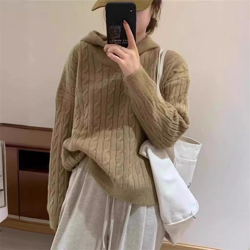Herbst und Winter Retro Mode Freizeit Unifarben Zopf Pullover Kapuzenpullover Damen Locker Fauler Stil Weich Wachsig Einfach