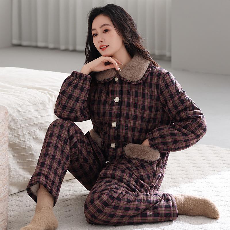 Winter Pajamas Women's New Woven Plaid Clip Padded Jacket Three-layer Warm Suit Velvet Thickened Outer Wear Loungewear