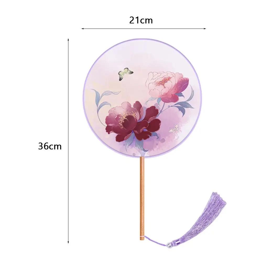 Half Transparent Ancient Style Fan Long Handle Vintage Printing Dance Fan Silk Embroidered Small Round Embroidered Fan