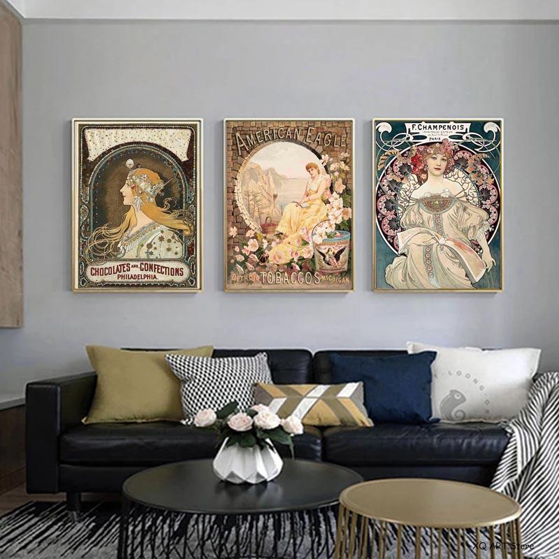 Vintage Art Nouveau Prints Posters Canvas Paintings Classic HD Pictures Wall Art For Living Room Home Office Decor Frameless