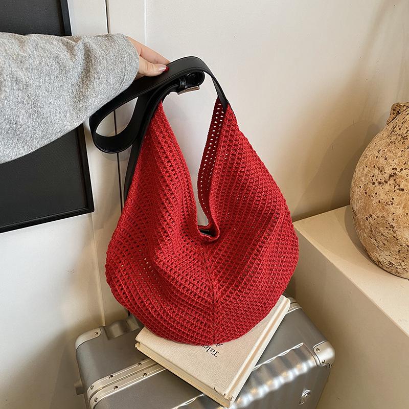 Summer niche fashion versatile woven rope hollow tote design mesh pocket portable child and mother bag shoulder bag